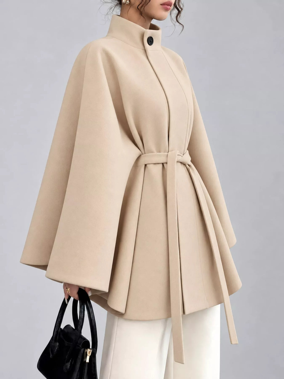 Beige tie-waist cape — side view