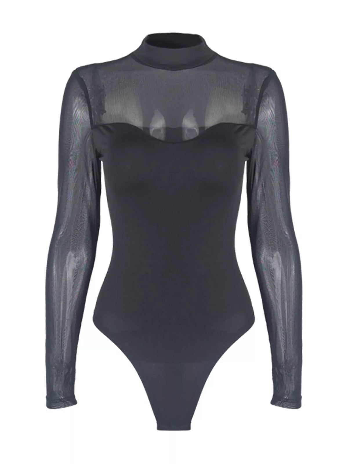 Sheer Mesh Long Sleeve Mock Neck Bodysuit — garment front