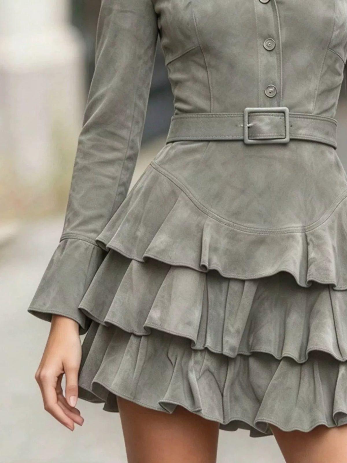 Ruffle Layered Button Front Mini Dress, detail view in gray