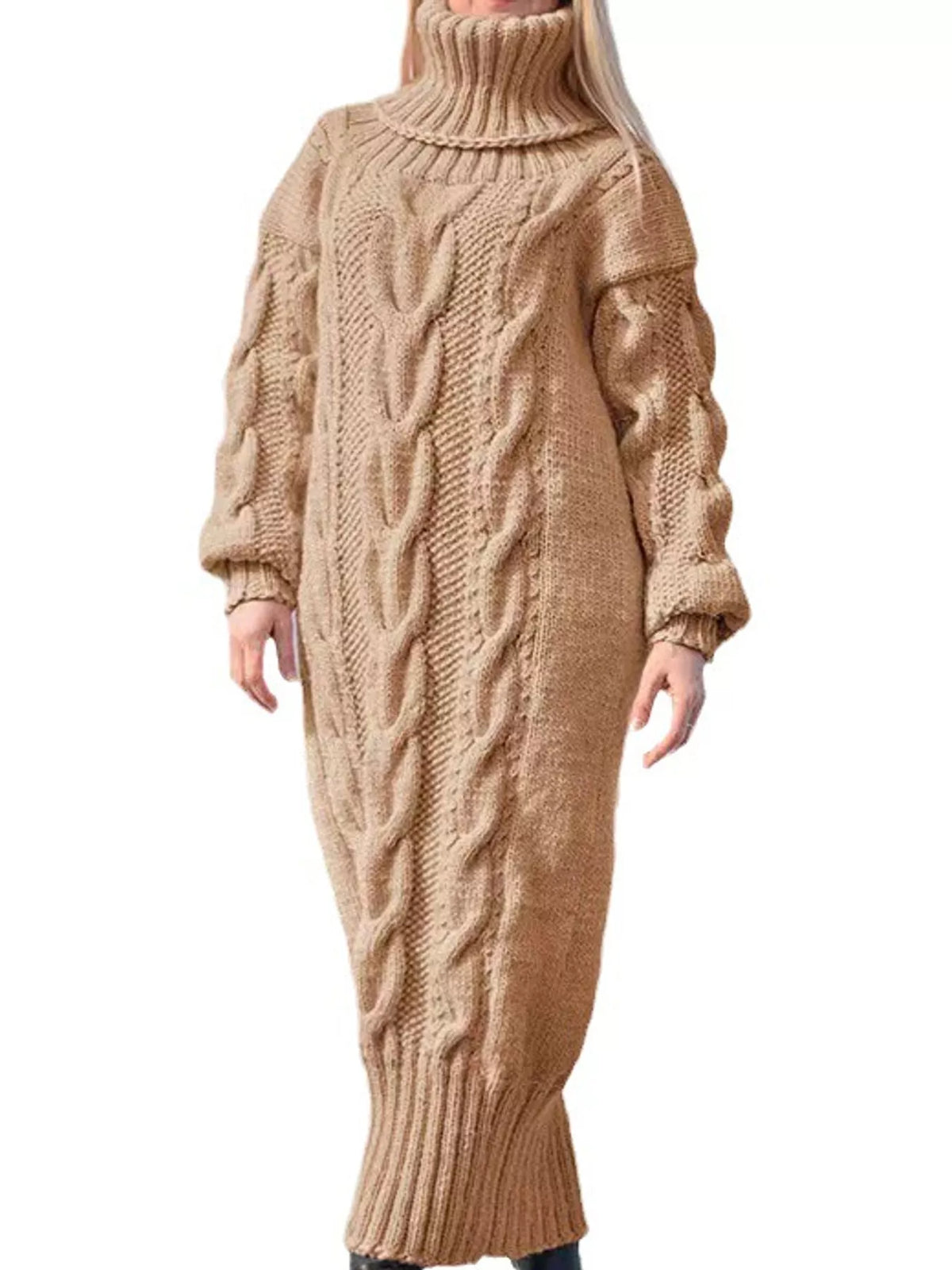 Khaki oversized cable knit turtleneck sweater dress
