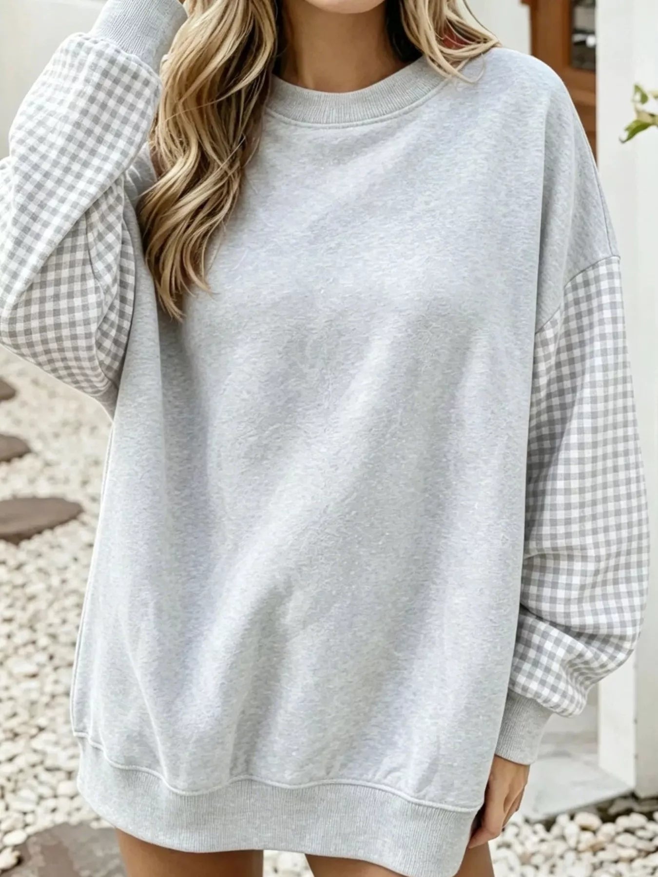 Trendsi Contrast Gingham Long Sleeve Sweatshirt -