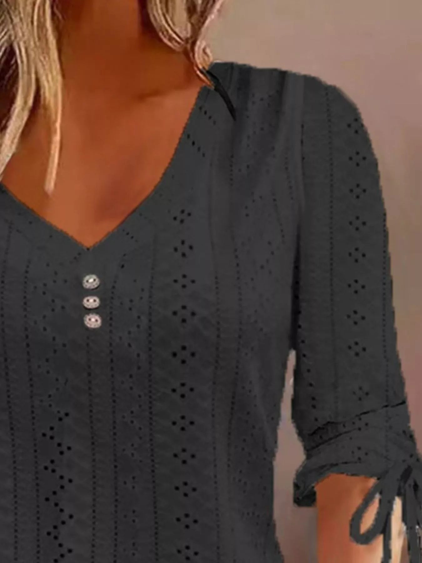 Trendsi Full Size V-Neck Eyelet Drawstring Sleeve Top Plus Size -