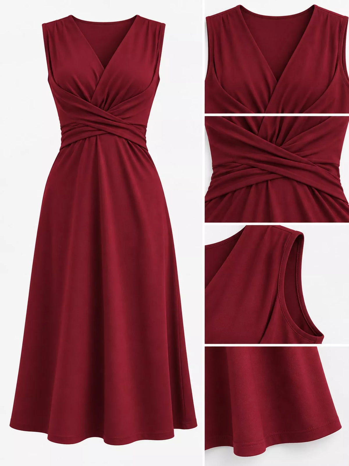 Burgundy sleeveless ruched-front midi dress, neckline waist and construction details