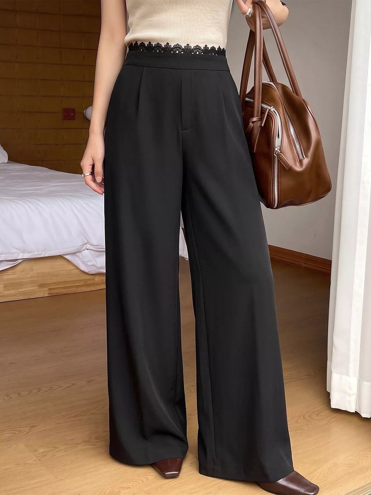 Trendsi High-Waisted Wide-Leg Lace-Trimmed Pants -