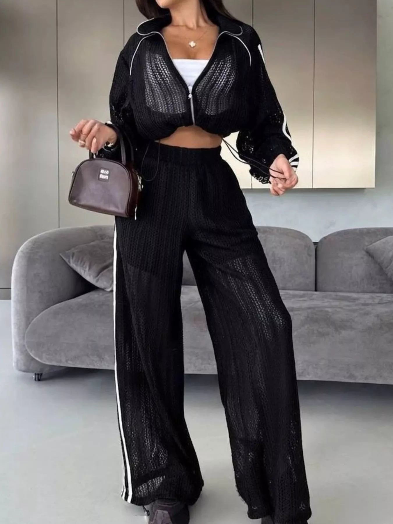 Trendsi Side Stripes Zip Up Top and Pants Set -