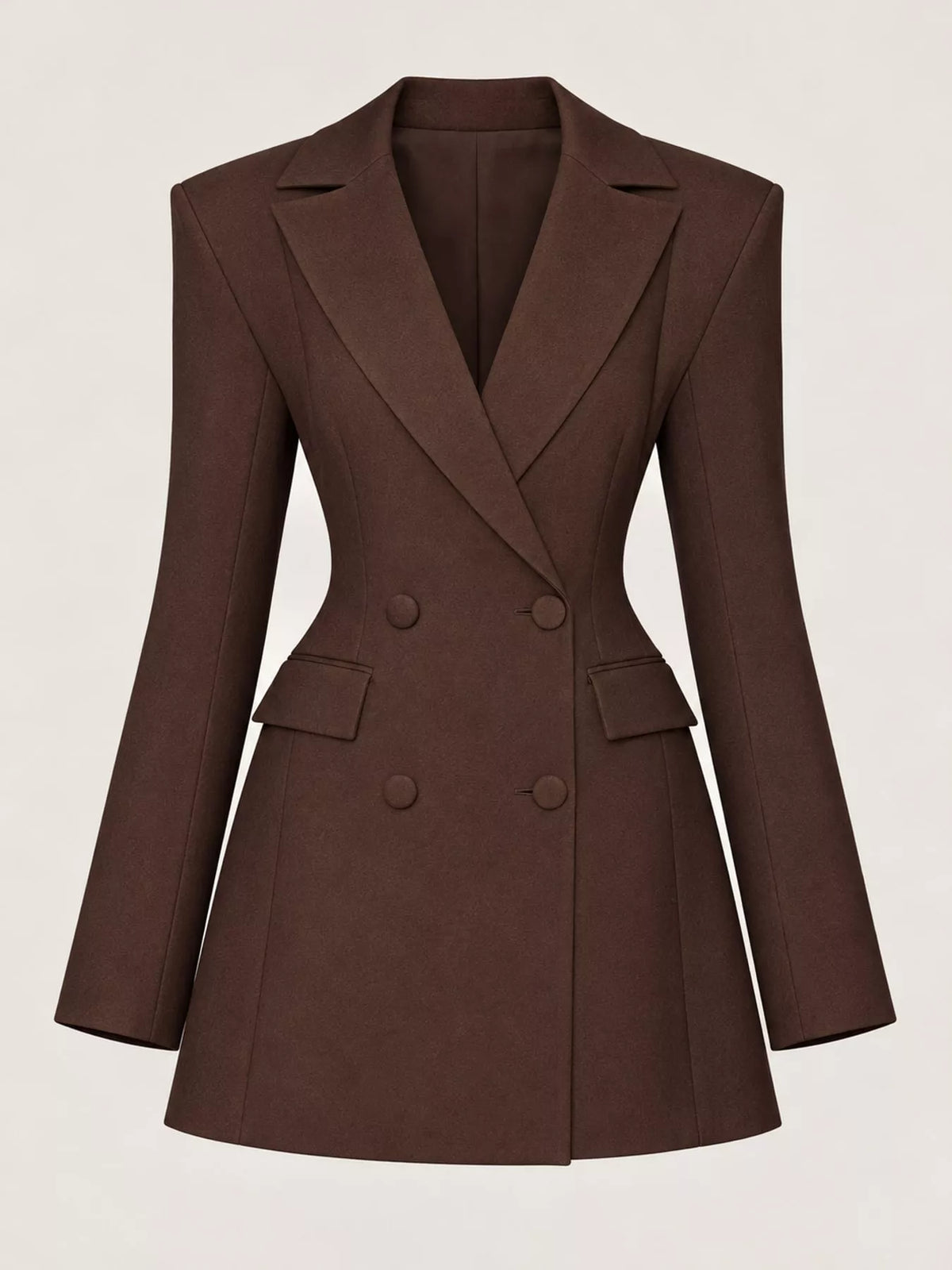 Brown double-breasted blazer dress — front view