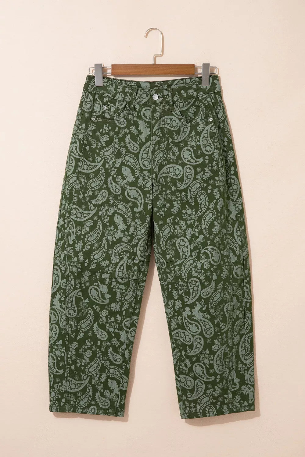 Green paisley print harem denim pants, back product view