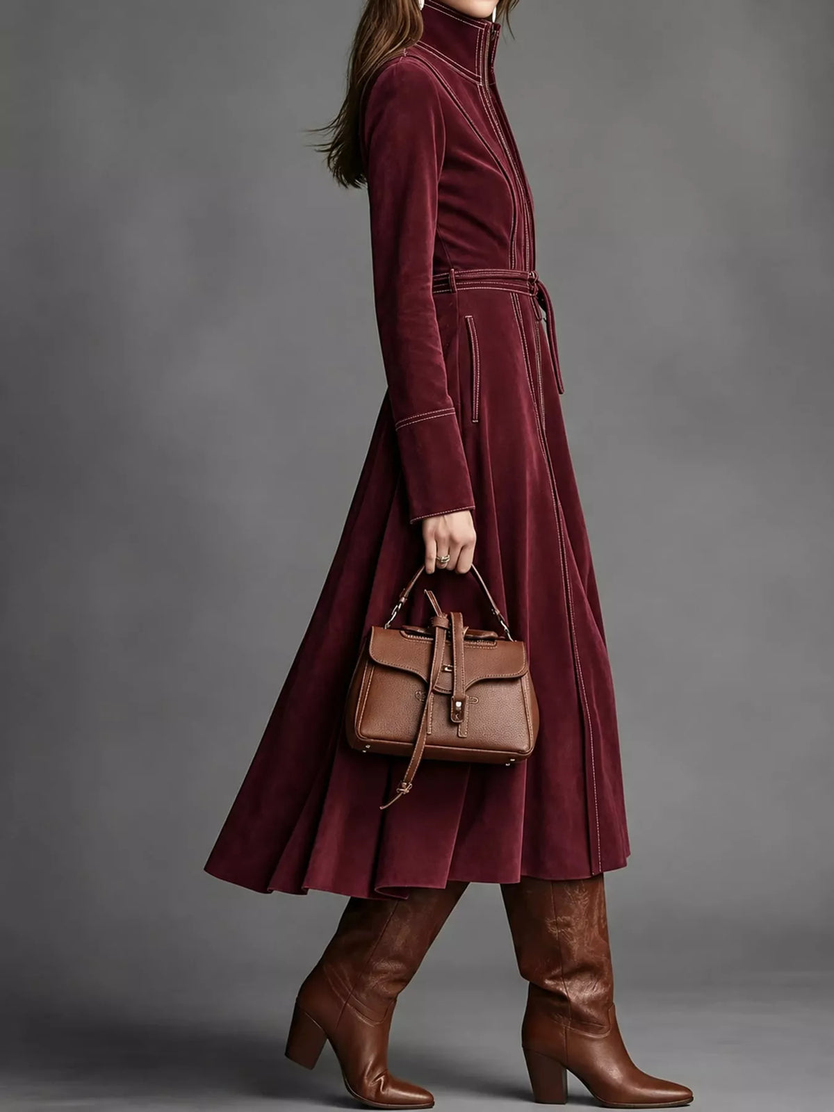 Burgundy zipper front midi dress, side view