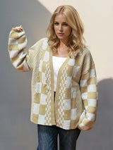 Trendsi Double Take Checkered Open Front Dropped Shoulder Cardigan -