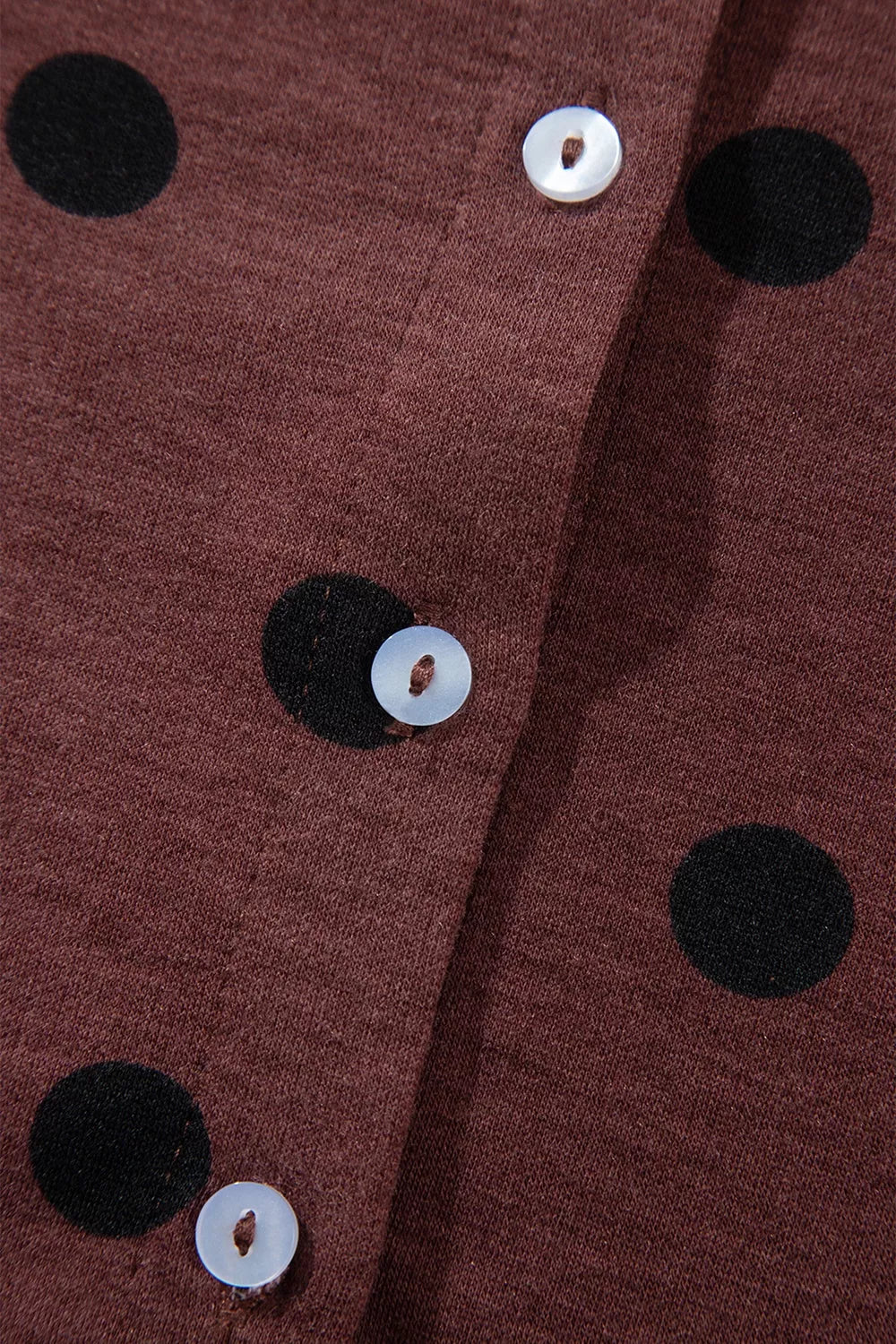 Polka Dot Button Front Long Sleeve Shirt in brown, button detail