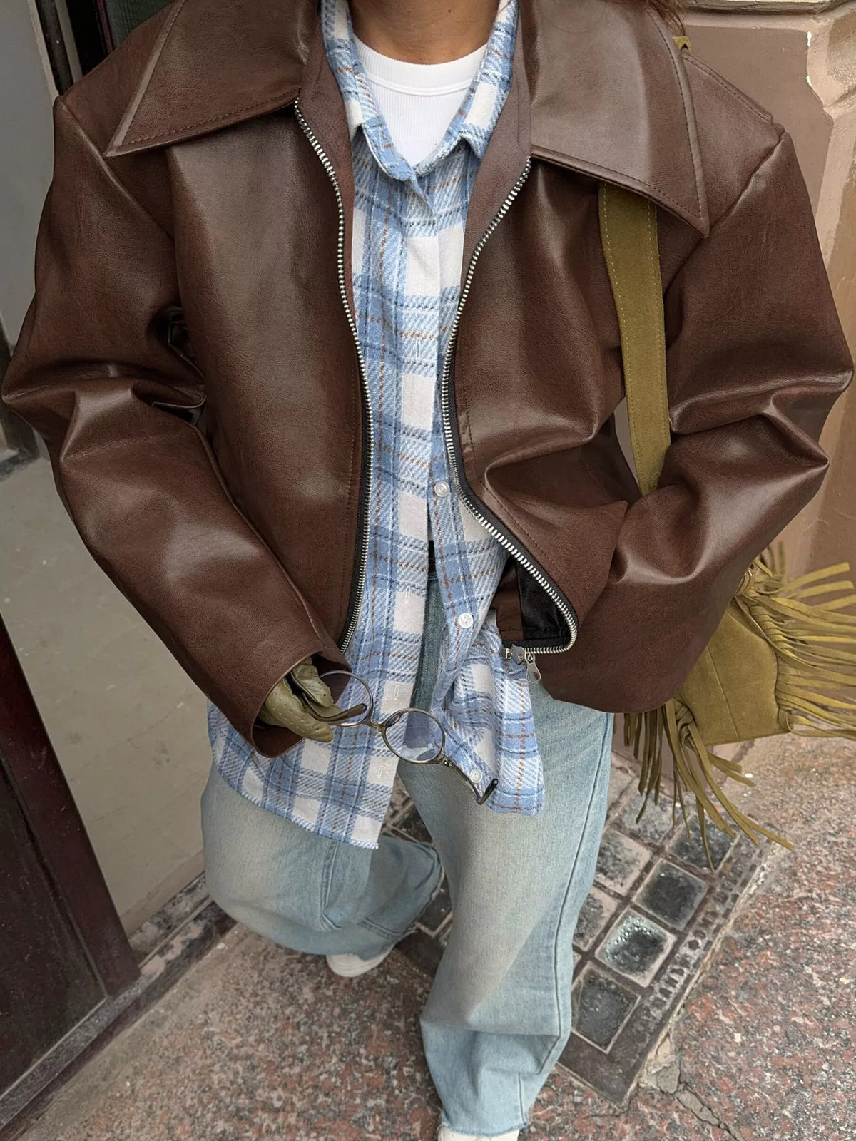 Vintage Faux Leather Zip-Up Jacket — front view