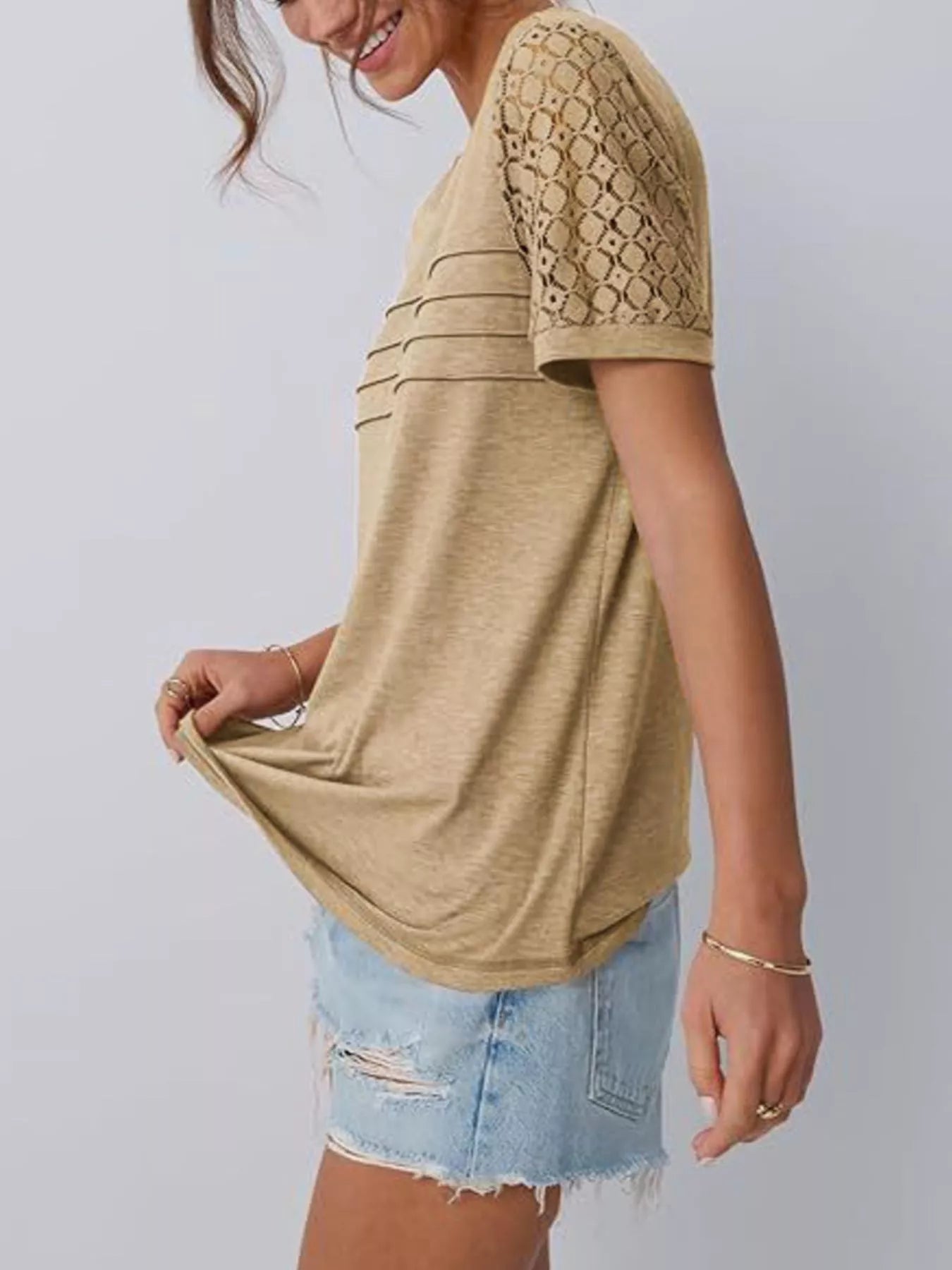 Trendsi Lace Short Sleeve Round Neck T-Shirt -