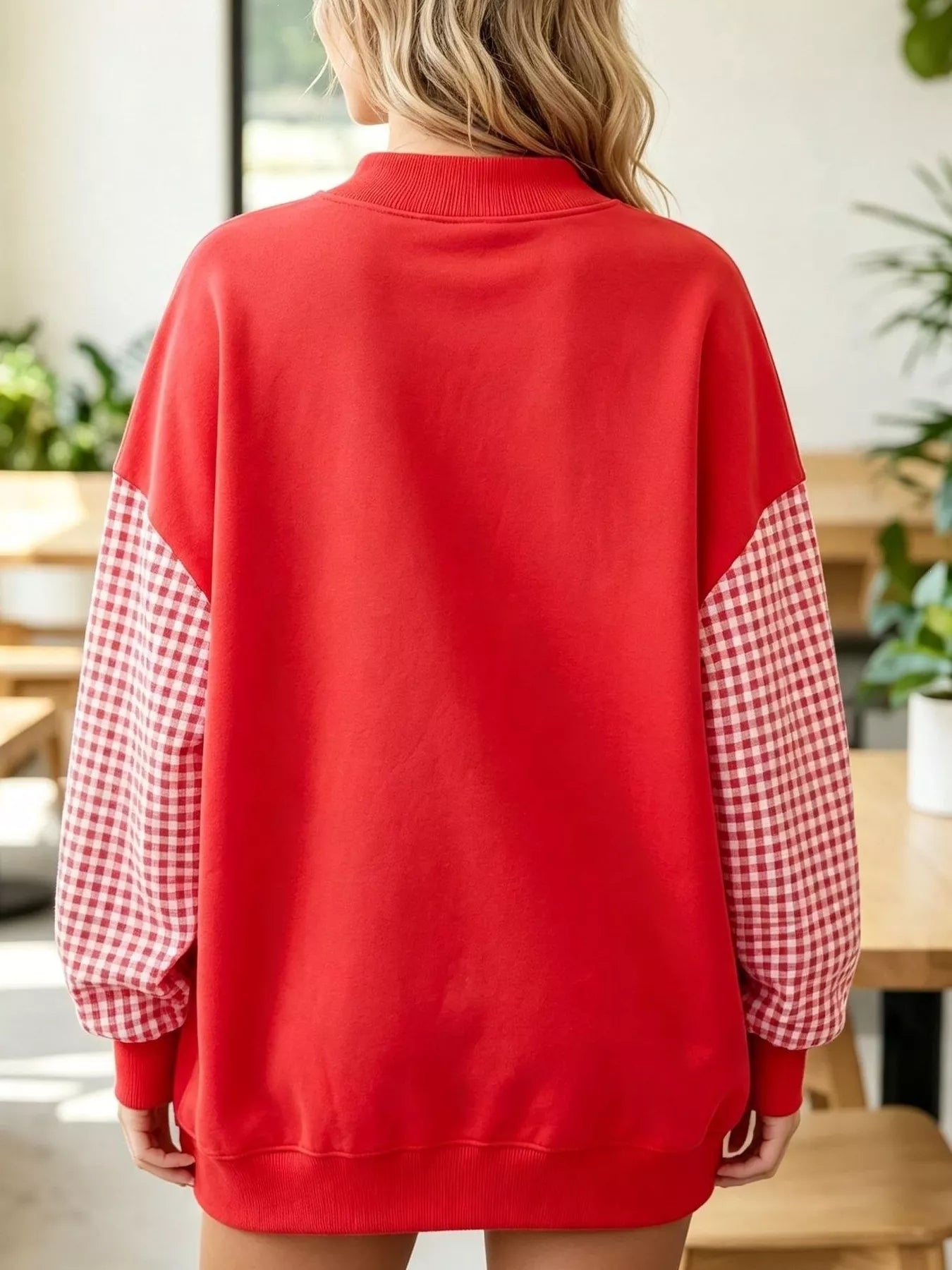 Trendsi Gingham Sleeves Round Neck Sweatshirt -