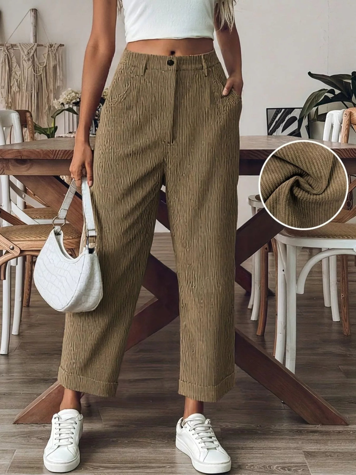 Khaki Corduroy Straight-Leg Pants with Pockets front view