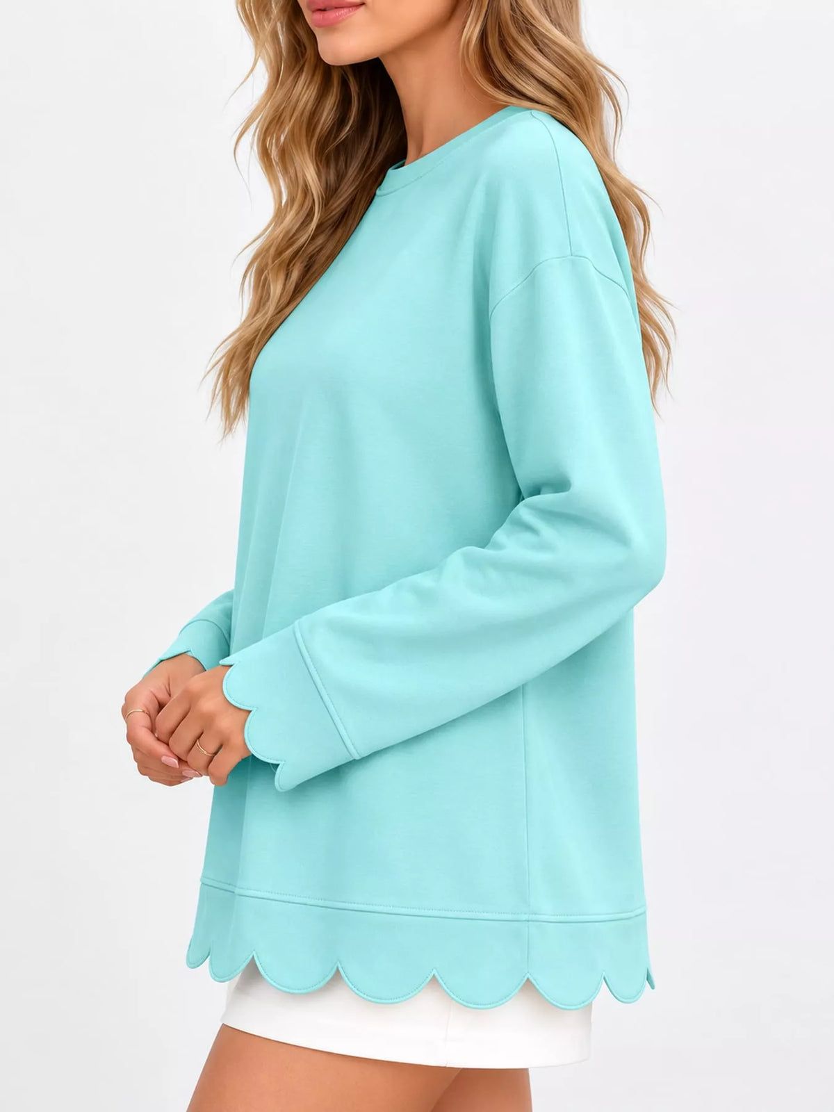 Mint Blue-Green scalloped hem crewneck sweatshirt