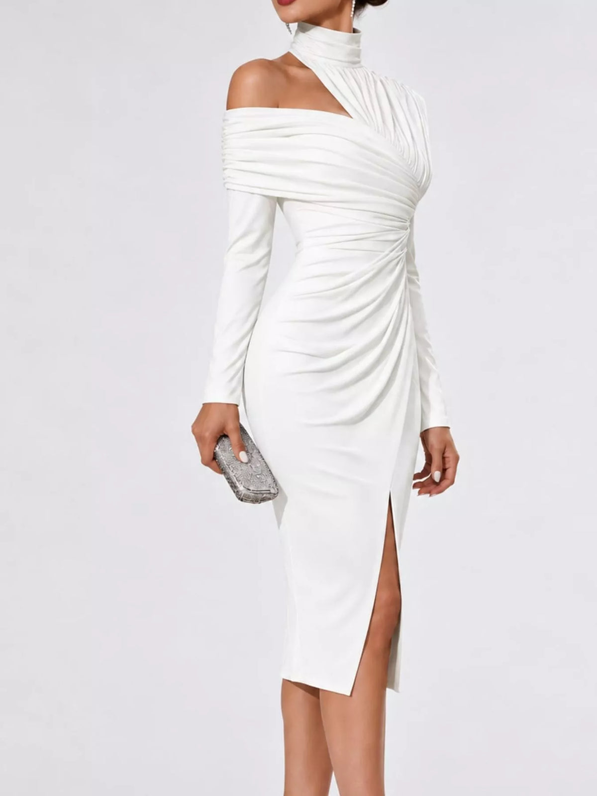 Asymmetric Cutout High-Neck Ruched Bodycon Midi Dress in white