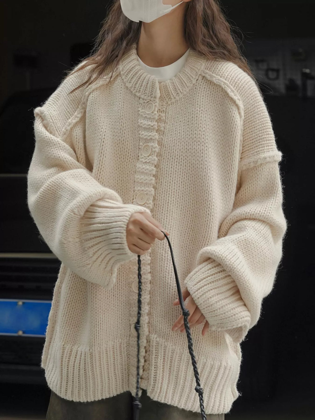 Oversized Chunky Knit Cardigan with Textured Button Placket in cream