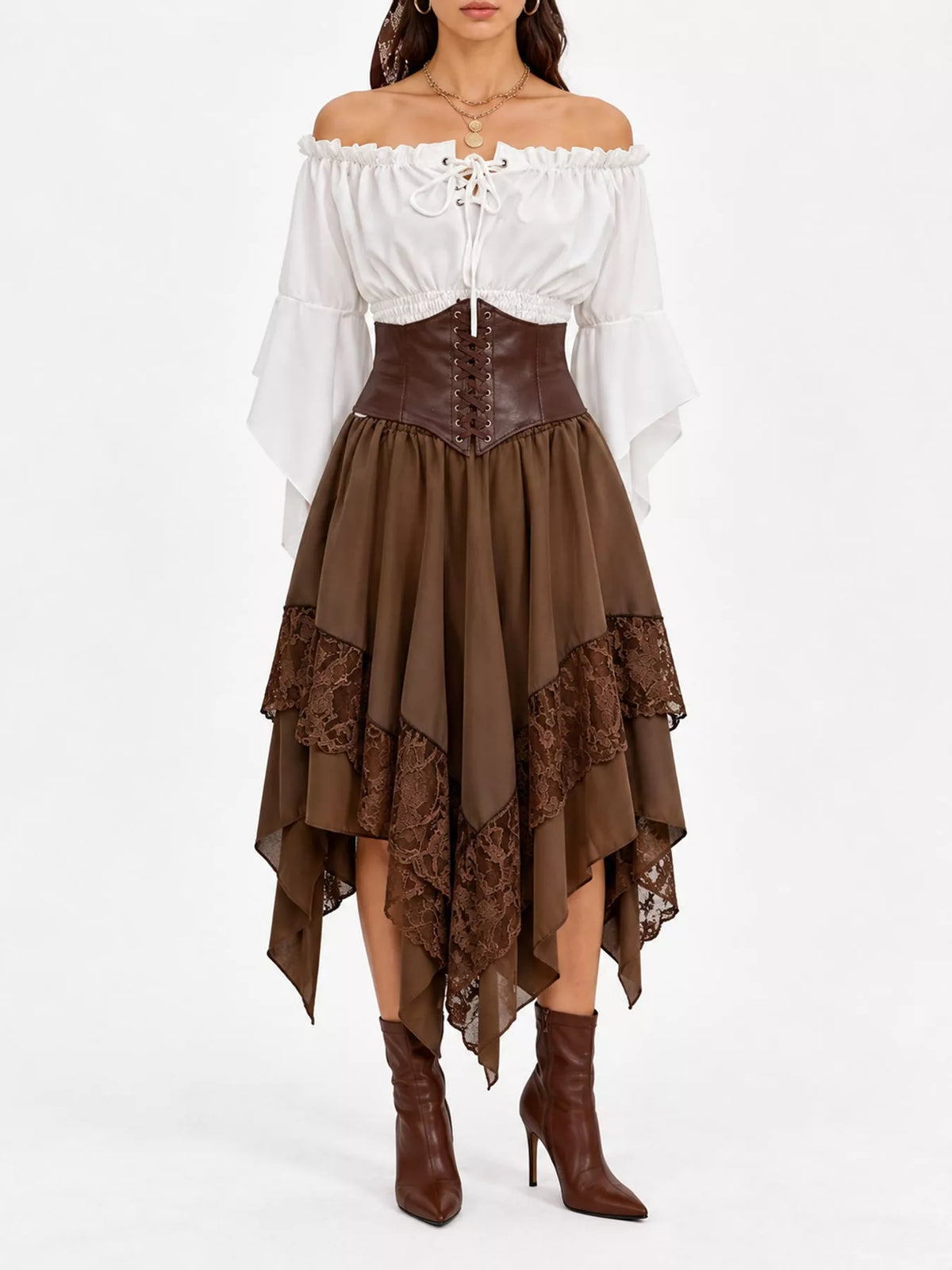 Brown skirt and white top off-shoulder top, waist band and skirt set — front view