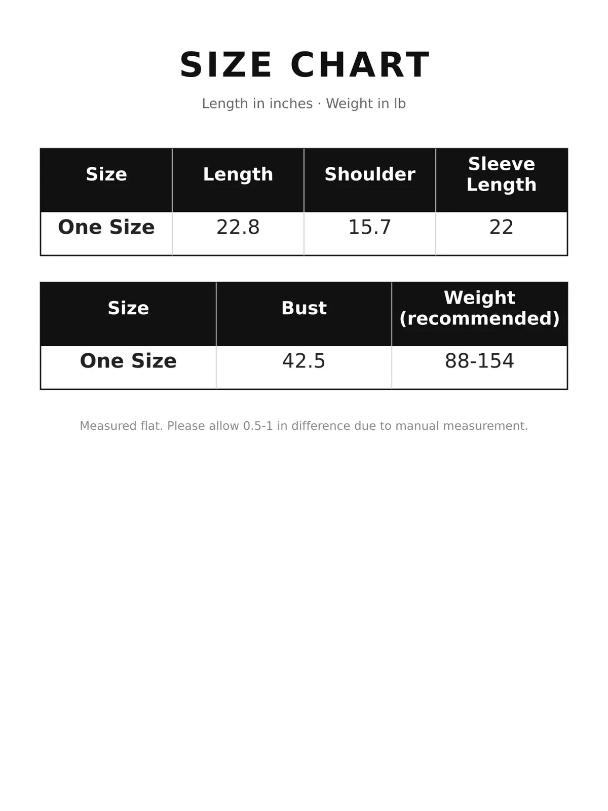 Heart Buttons Knit Cardigan — size and measurement chart