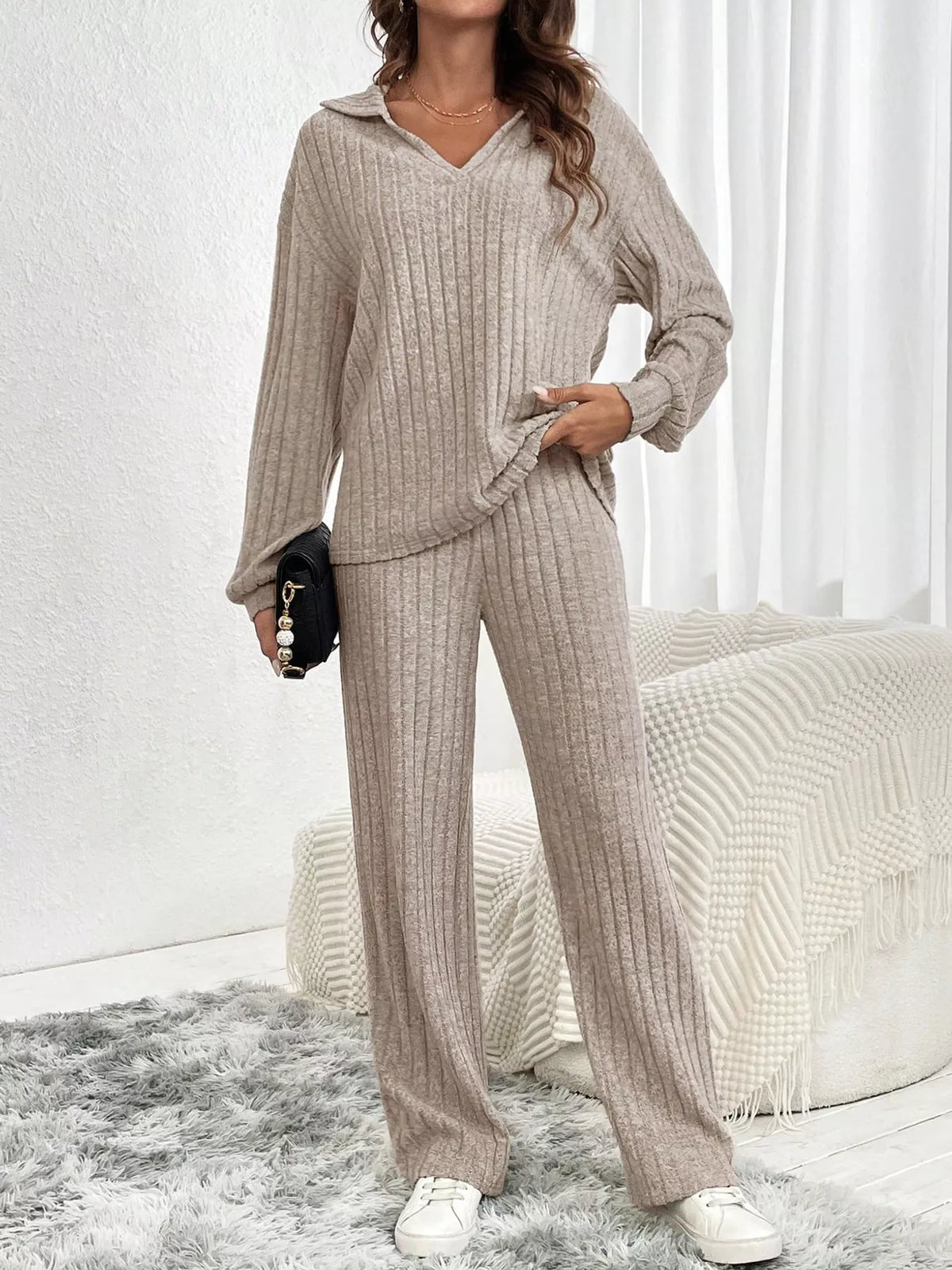 Ribbed Knit Collared Top and Wide Leg Pants Set in taupe