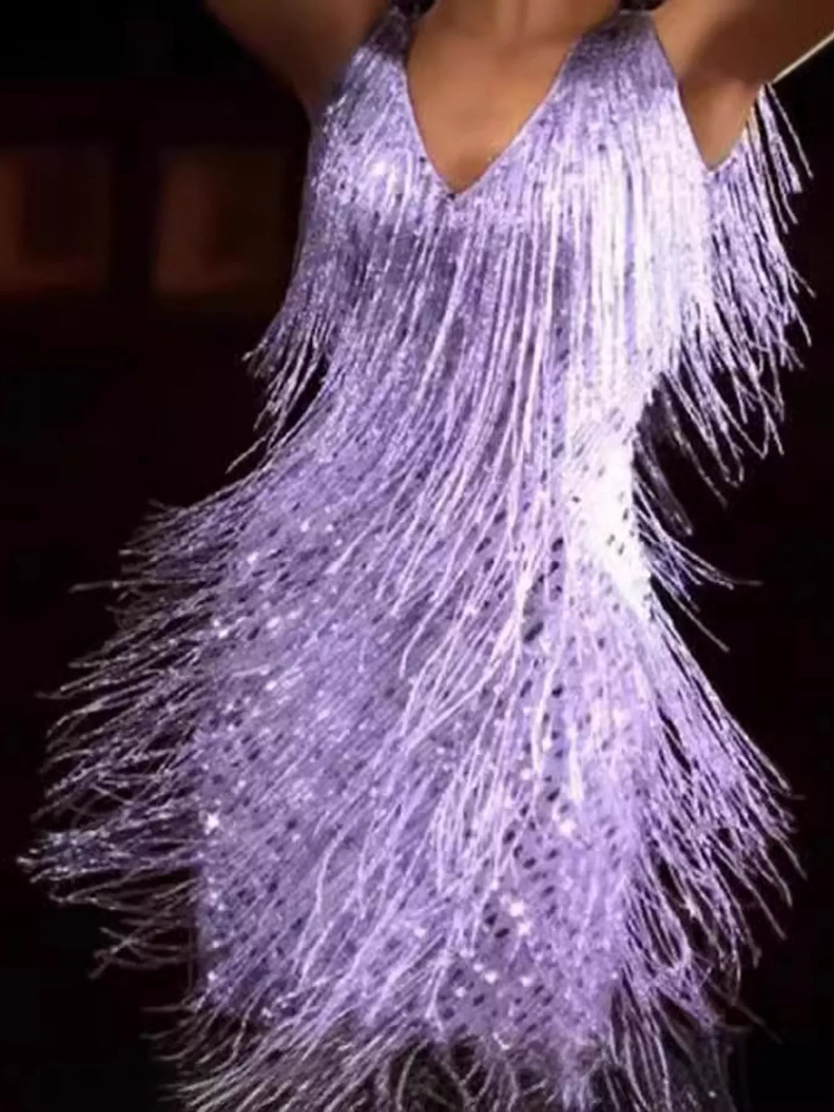 Purple fringe sequin v-neck mini dress