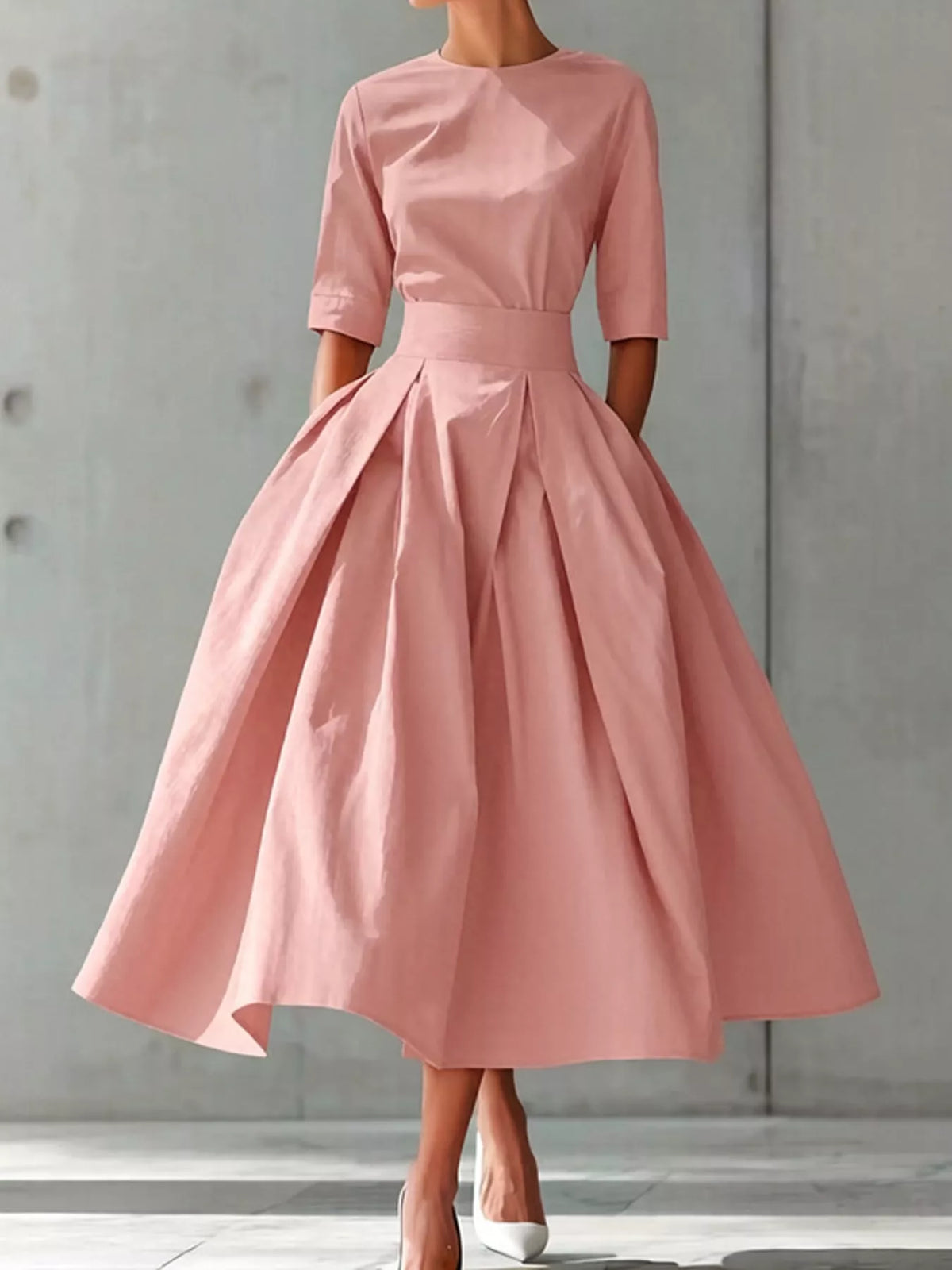 Round neck short sleeve midi dress, front view on model