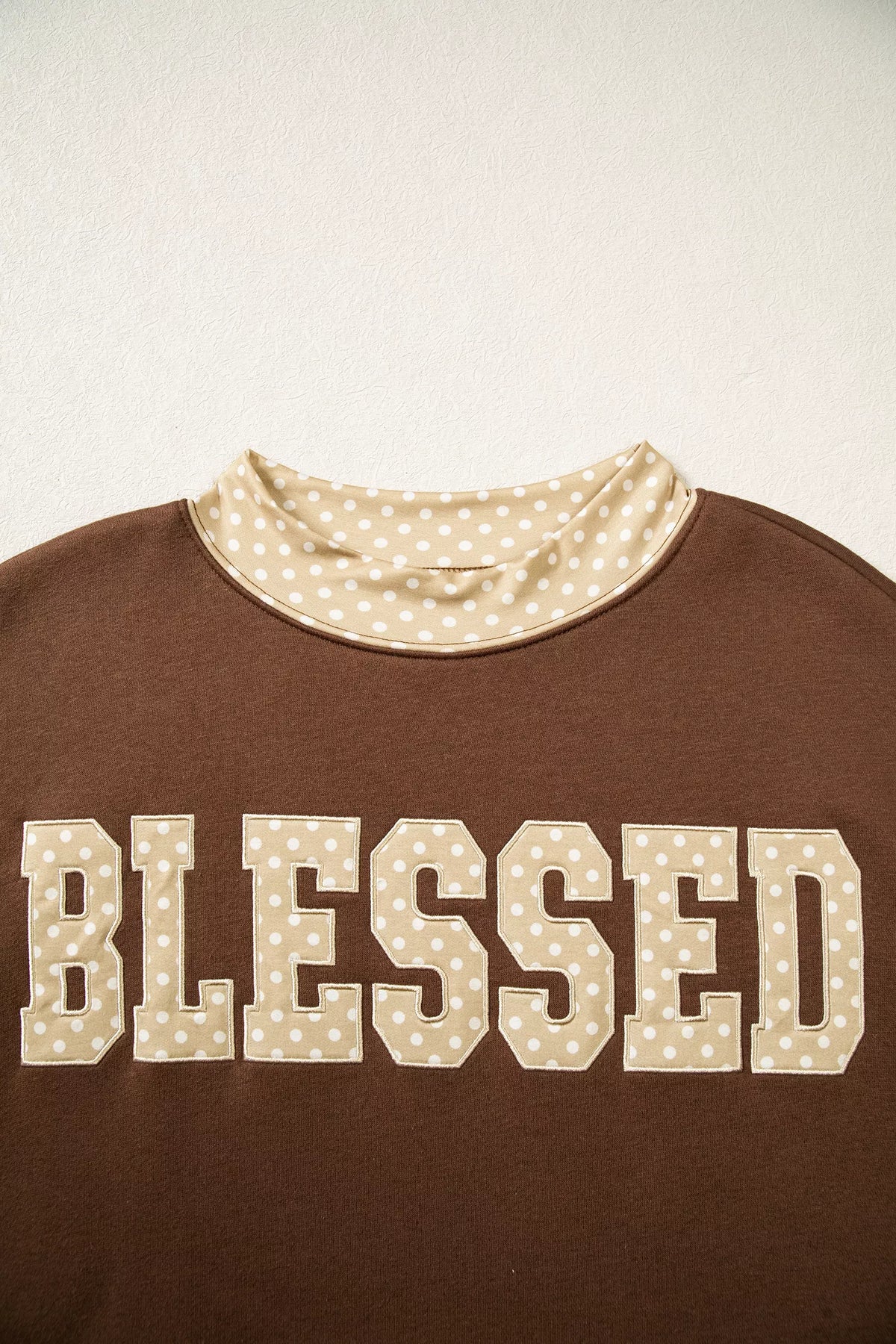 BLESSED sweatshirt, polka-dot neckline and lettering