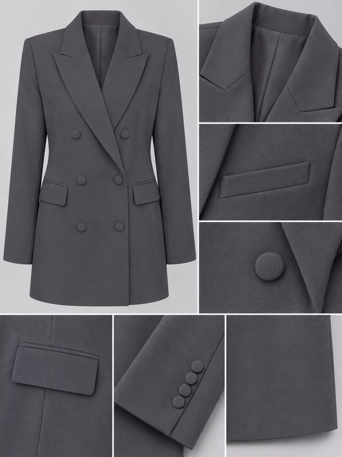 Double-breasted blazer, gray detail collage