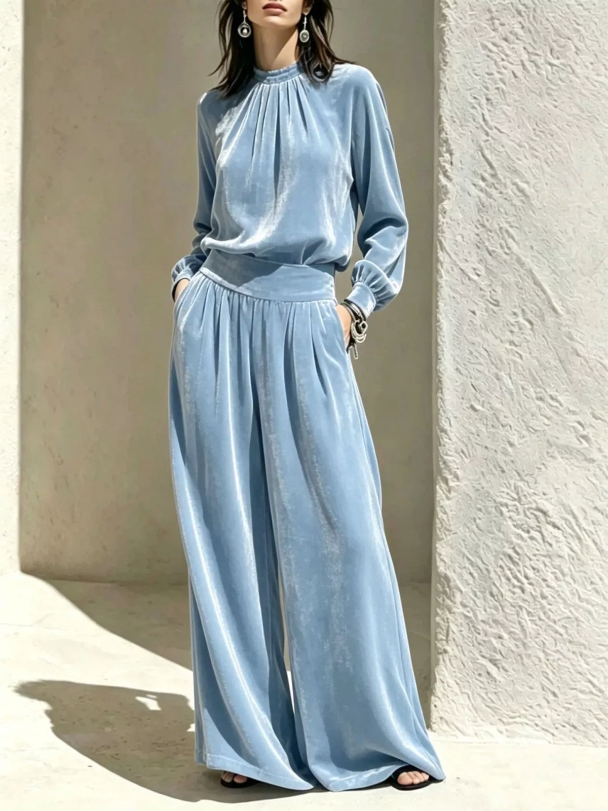 Blue velvet mock-neck top and pants set, full front view
