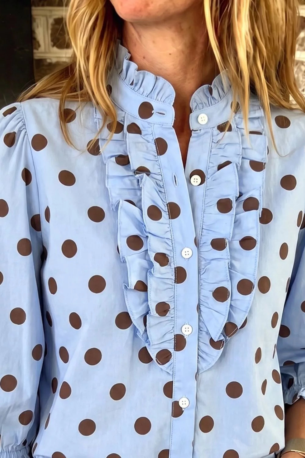 Trendsi Polka Dot Ruffled Stand-Collar Shirt -
