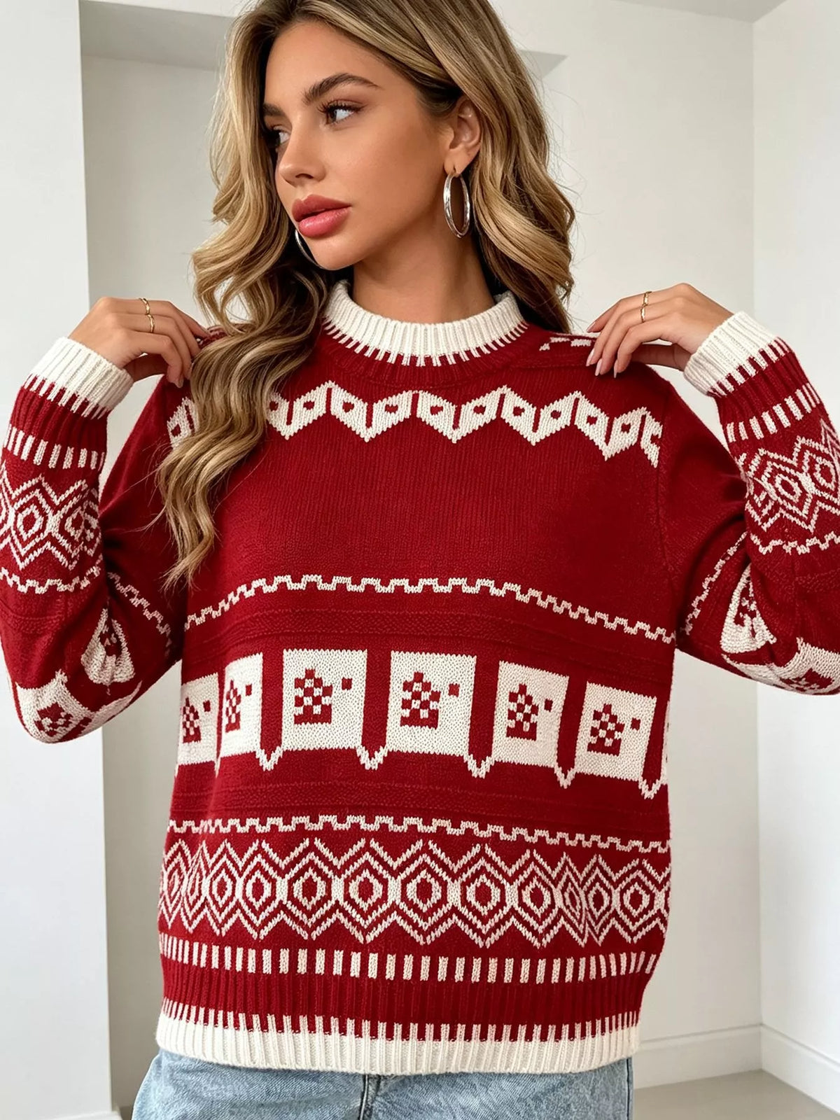 Red and white christmas fair isle crewneck sweater, front view.
