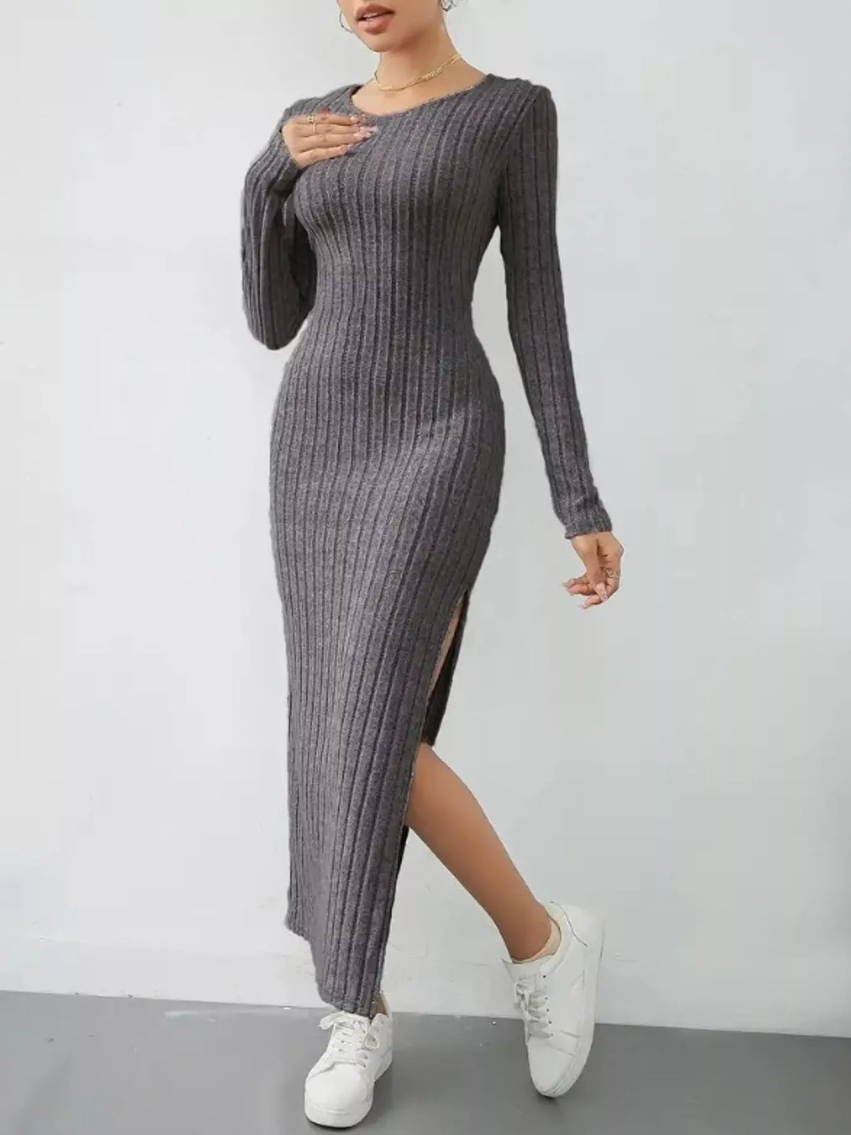 Dark gray ribbed long sleeve knit dress with side slit