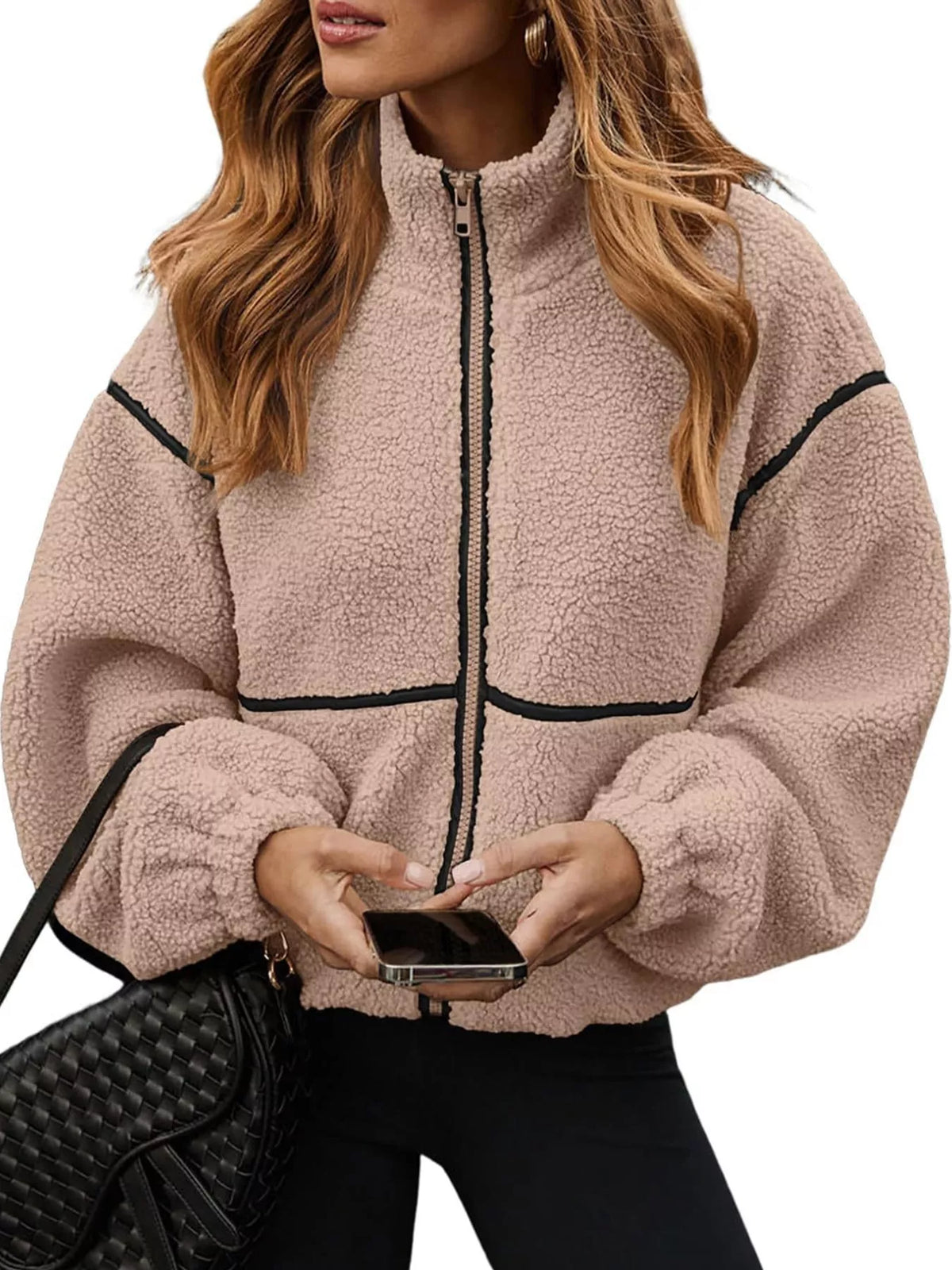 Stand Collar Sherpa Fleece Zip-Up Jacket — front view