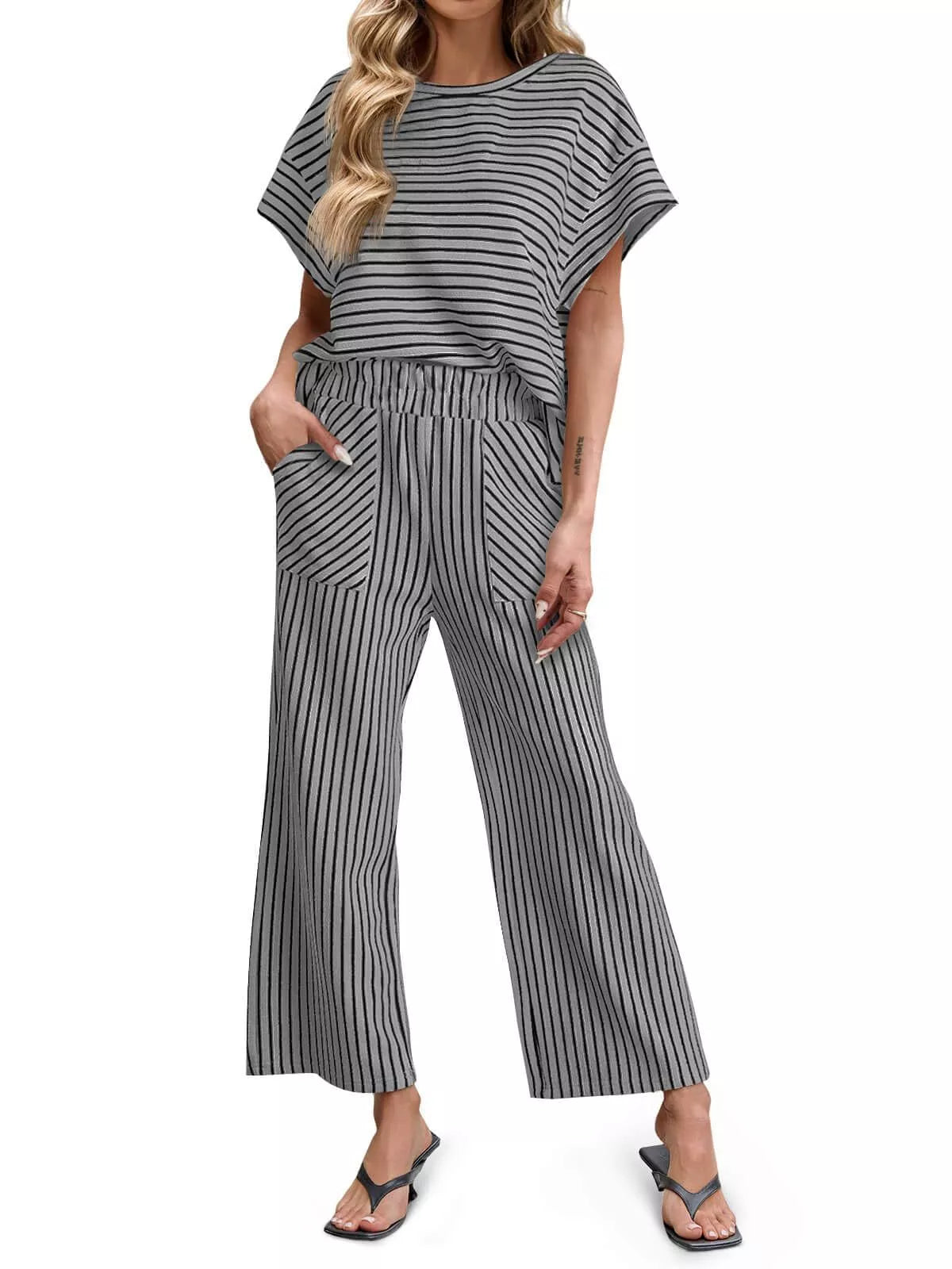 Trendsi Casual Striped Short Sleeve Top and Wide Leg Pants Two-Piece Set -