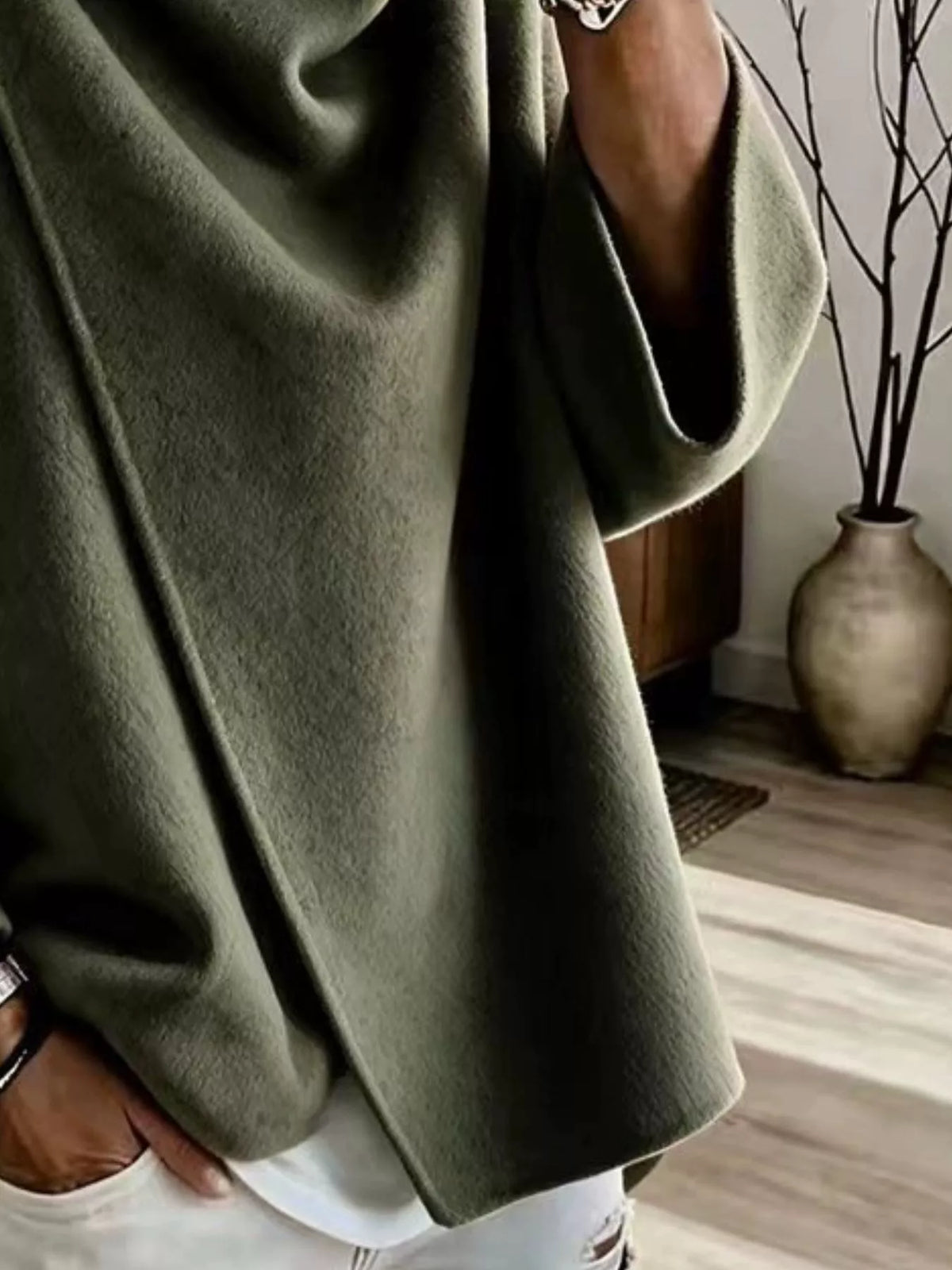Green asymmetric cowl neck cape-style jacket, draped front hem and wide sleeve