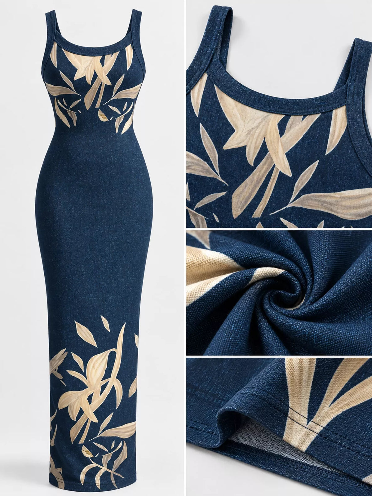 Bodycon maxi dress, navy leaf-print neckline fabric and hem details