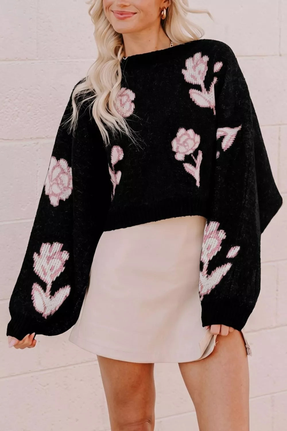 Trendsi Floral Pattern Puff Sleeve Dropped Shoulder Pullover Sweater -