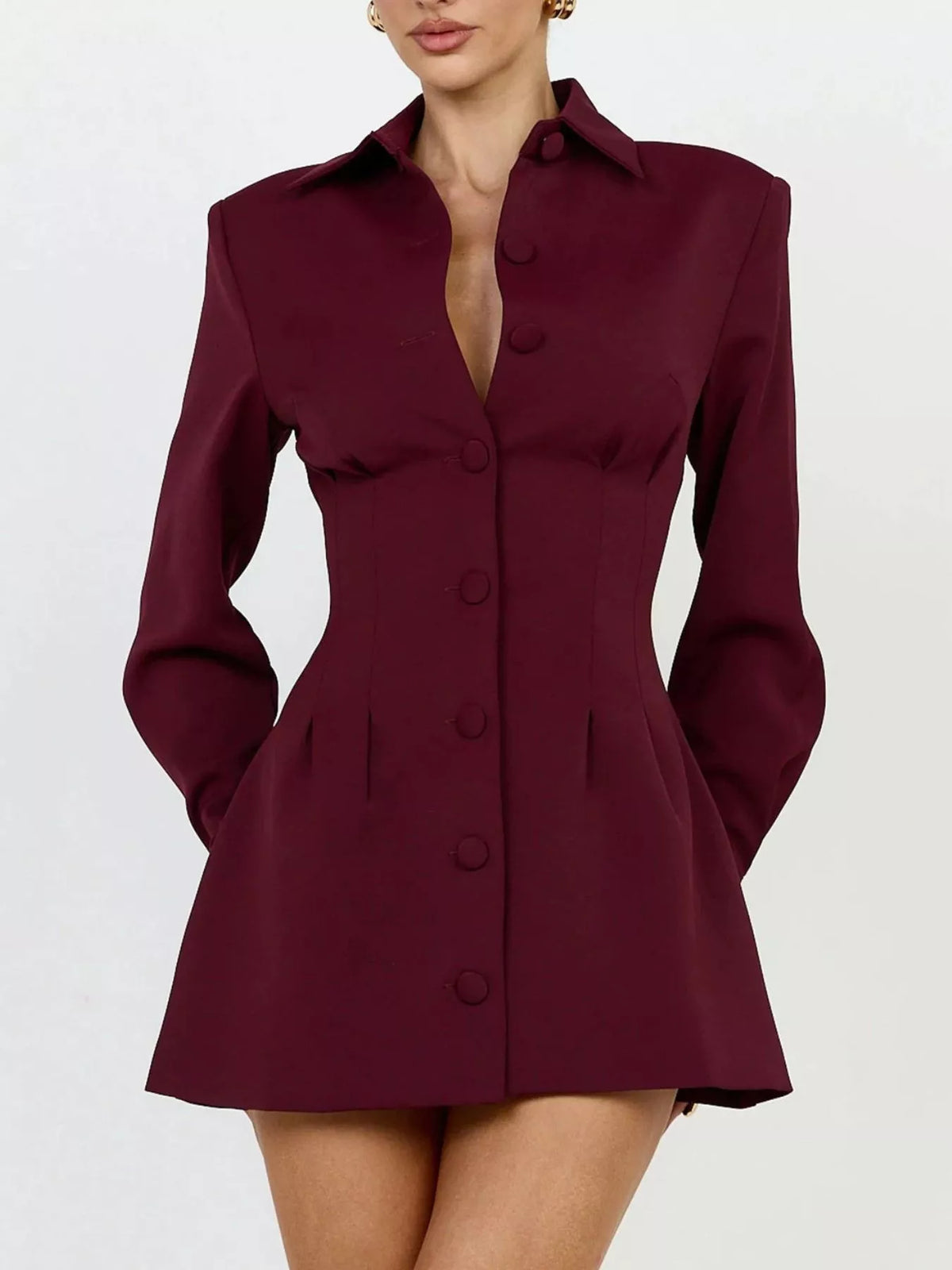 Corset-style mini blazer dress — burgundy front view.