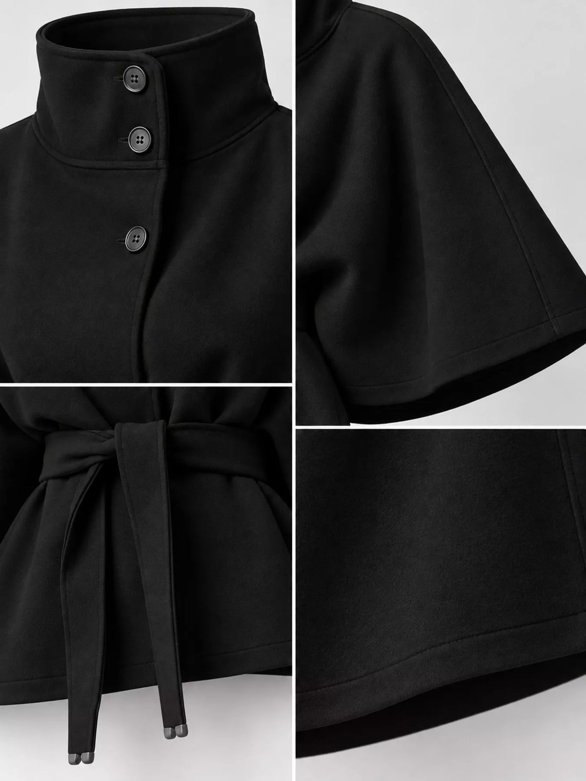 Black belted button-front cape — design and construction details