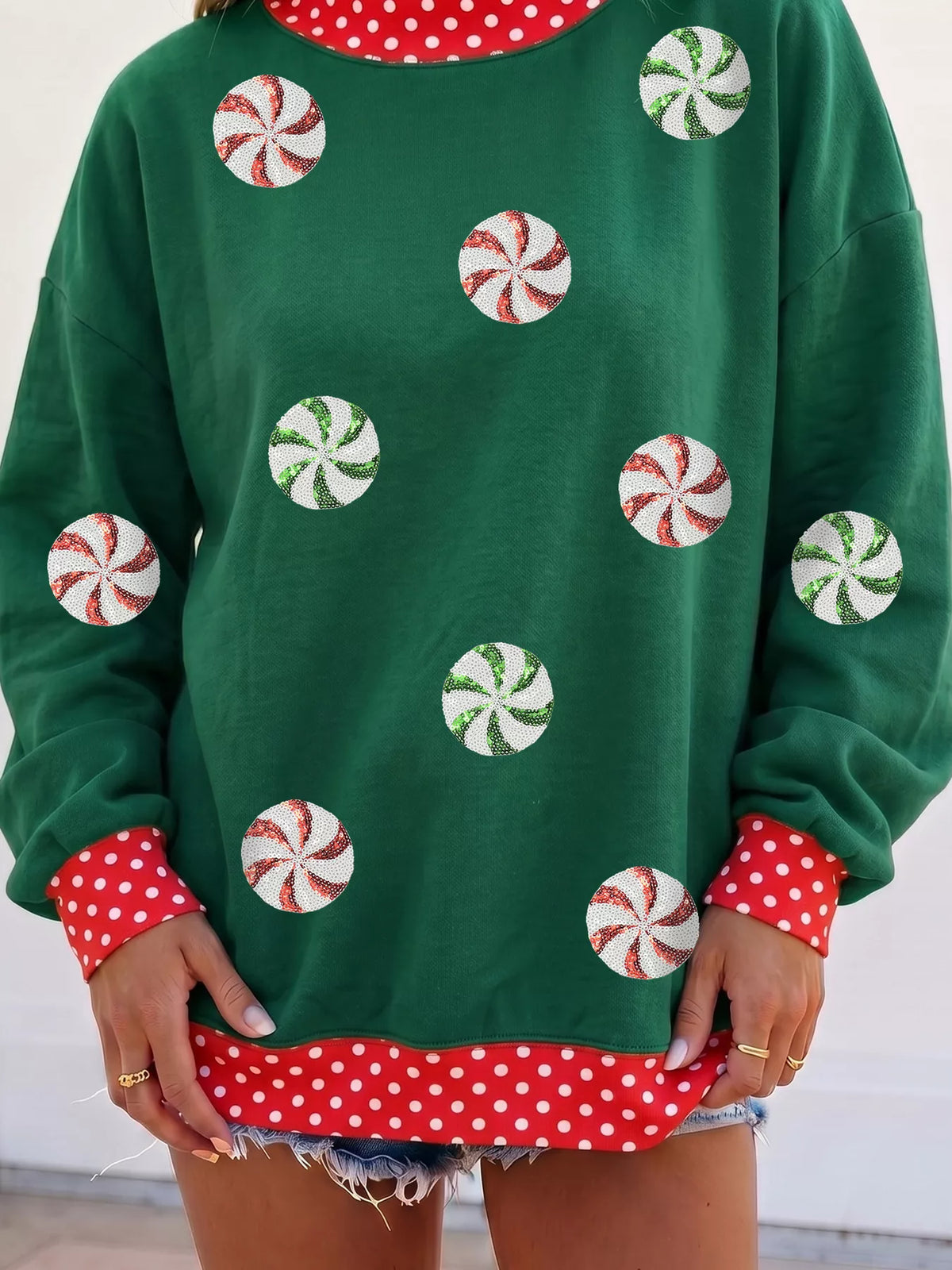 Dark Green christmas peppermint sequin sweatshirt