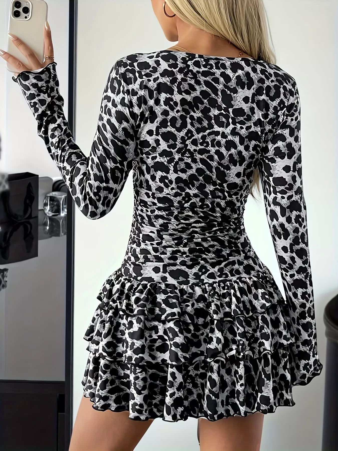 Long sleeve ruffled-hem mini dress
