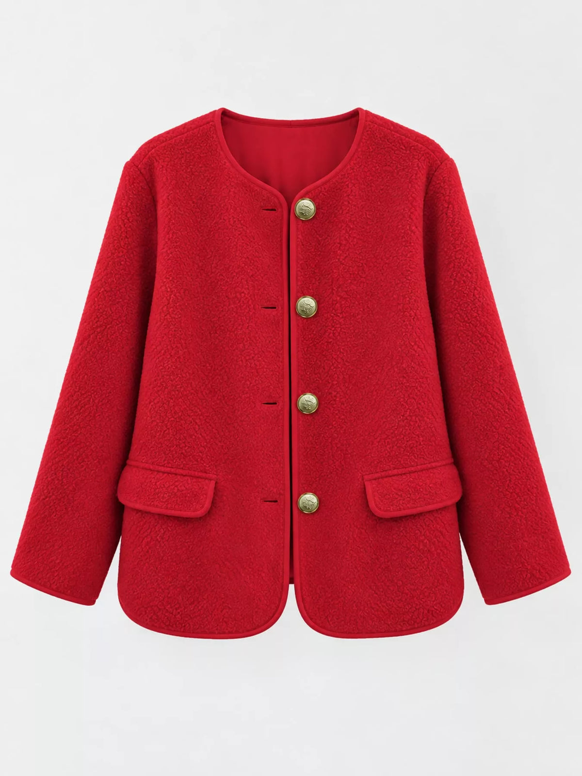 Red textured button-front jacket — front view