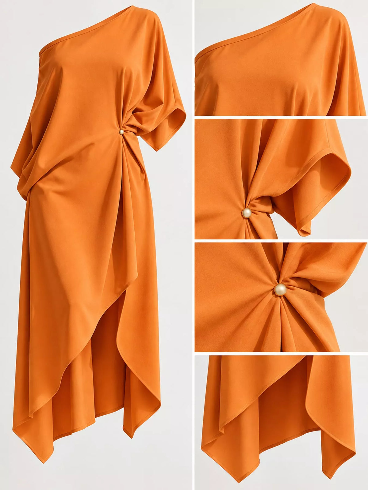 One-shoulder dress, orange ruched hem detail