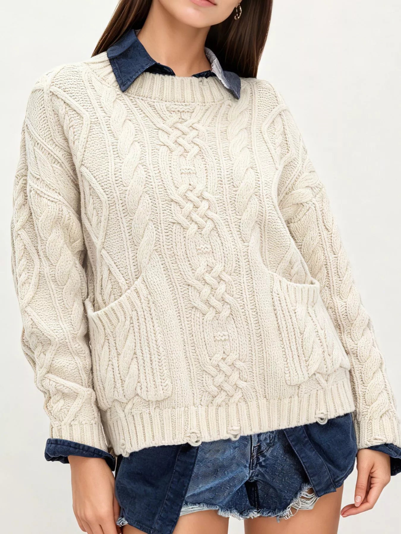 Trendsi Cable-Knit Sweater with Front Pockets -