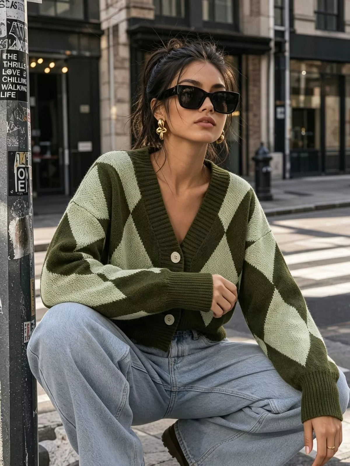 Green argyle v-neck button-front cardigan, seated front view.