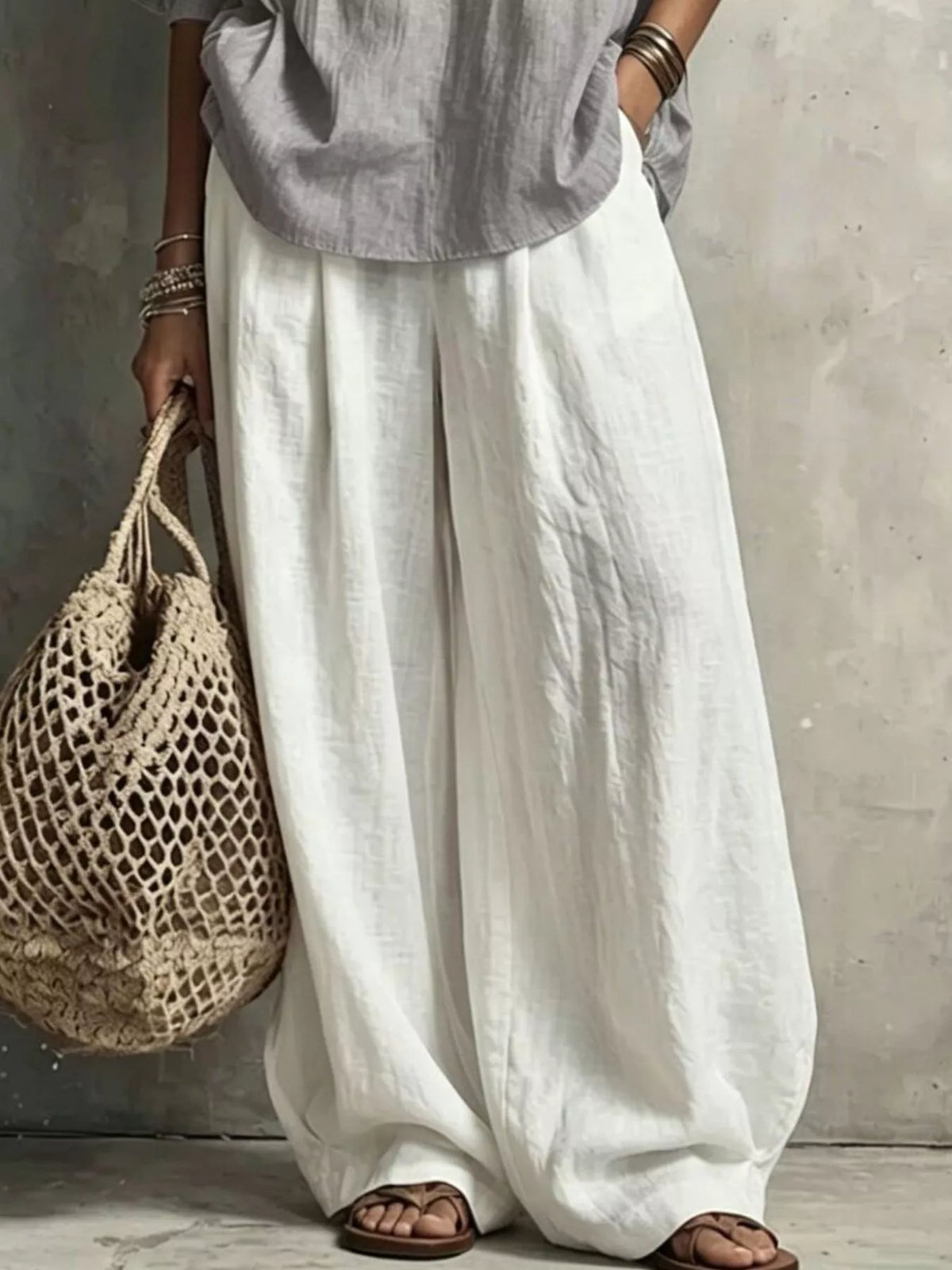 Gray Notched Long Sleeve Blouse & White Wide-Leg Pants Set pants detail