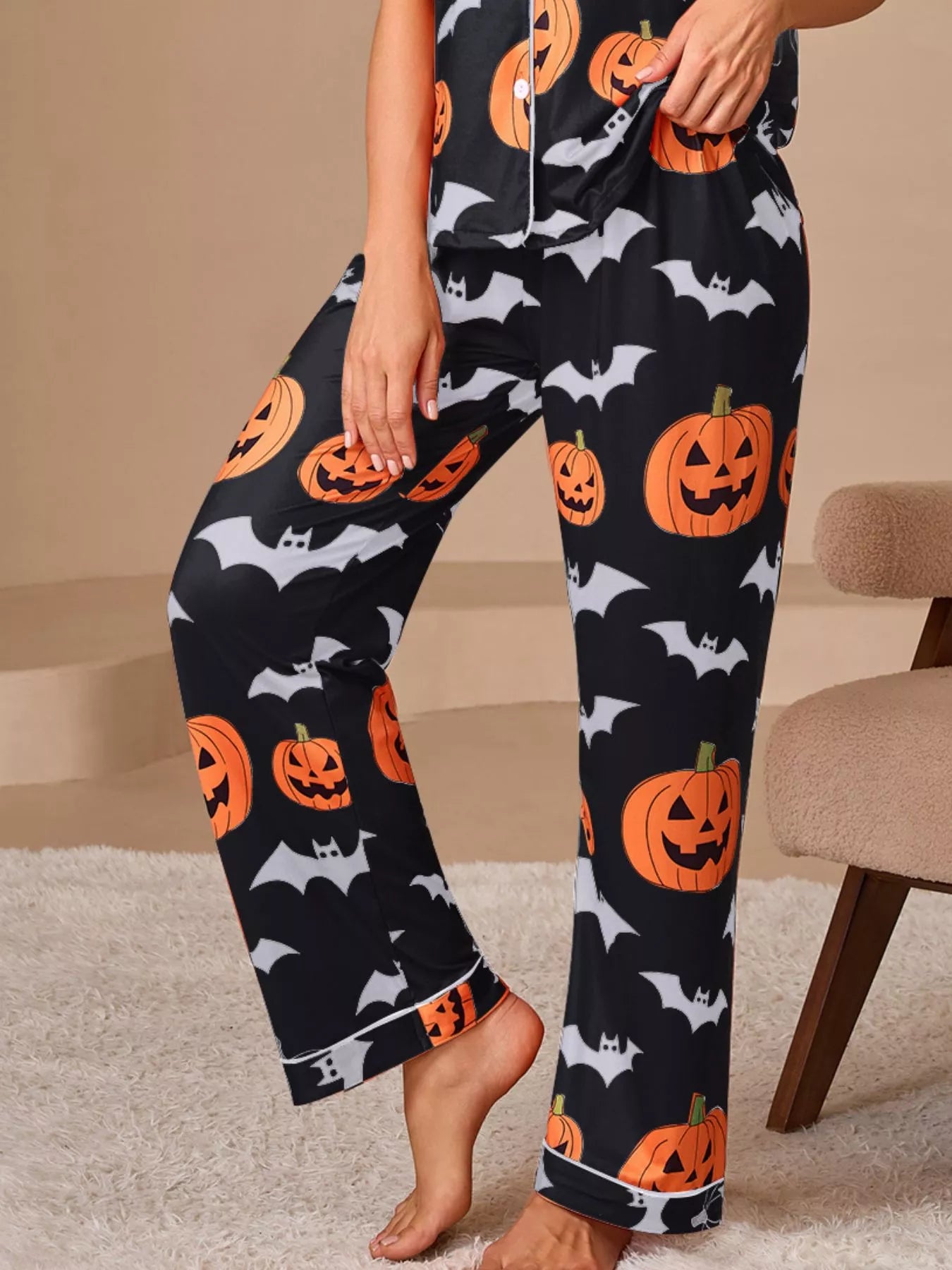 Trendsi Halloween Pumpkin and Bat Print Button-Down Top and Pants Lounge Set -