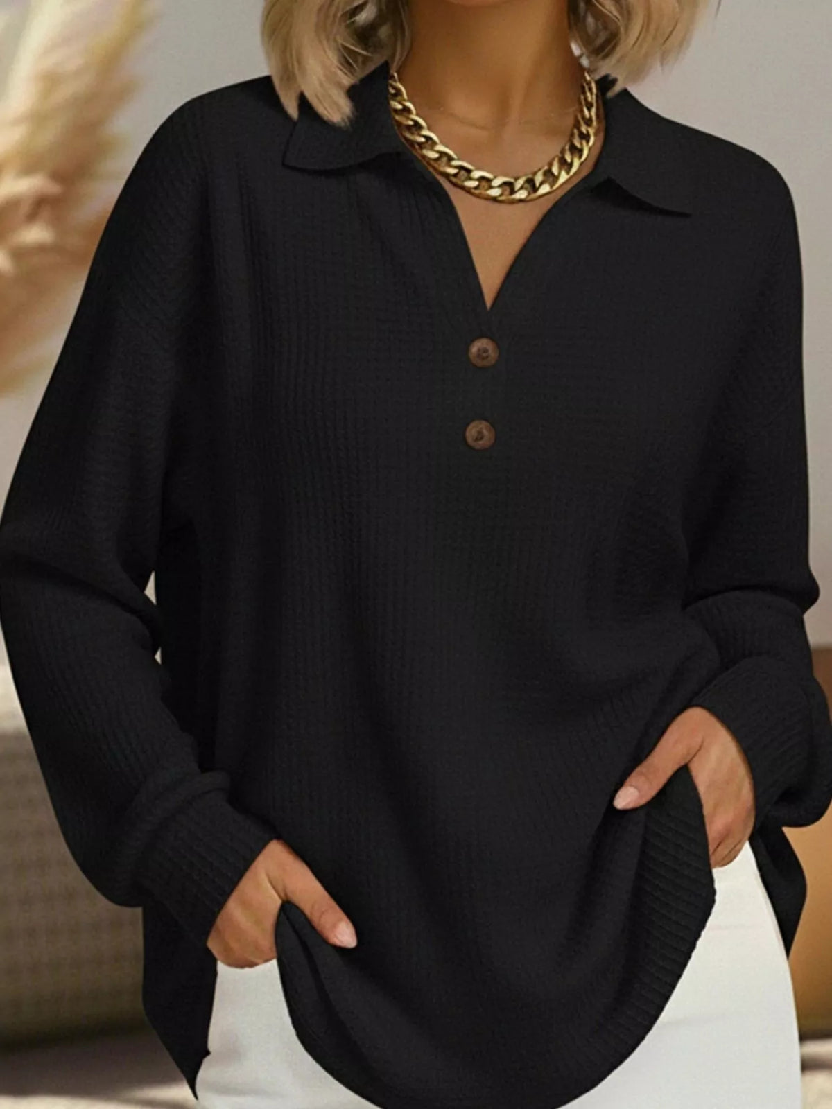 Collared long sleeve top, front view on model