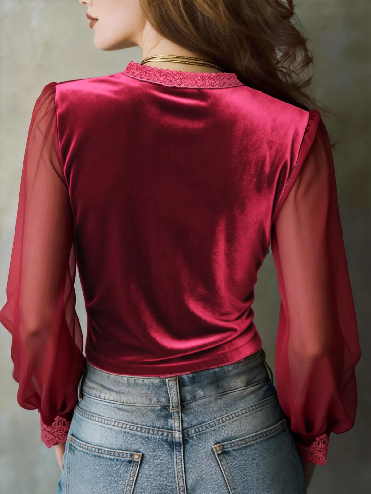 Burgundy lace-trim blouse, back view