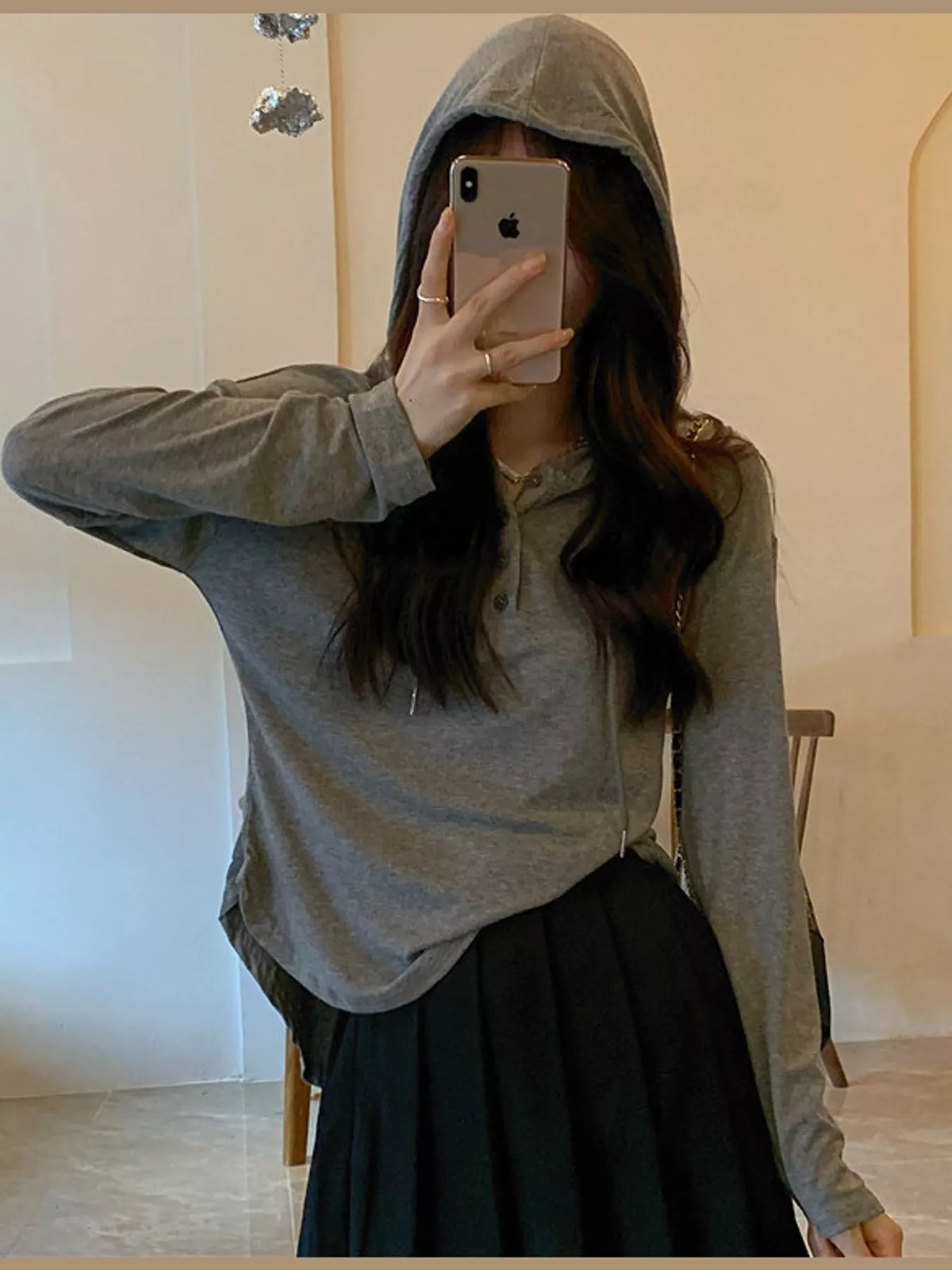 Long-Sleeve Hooded Henley T-Shirt — front view